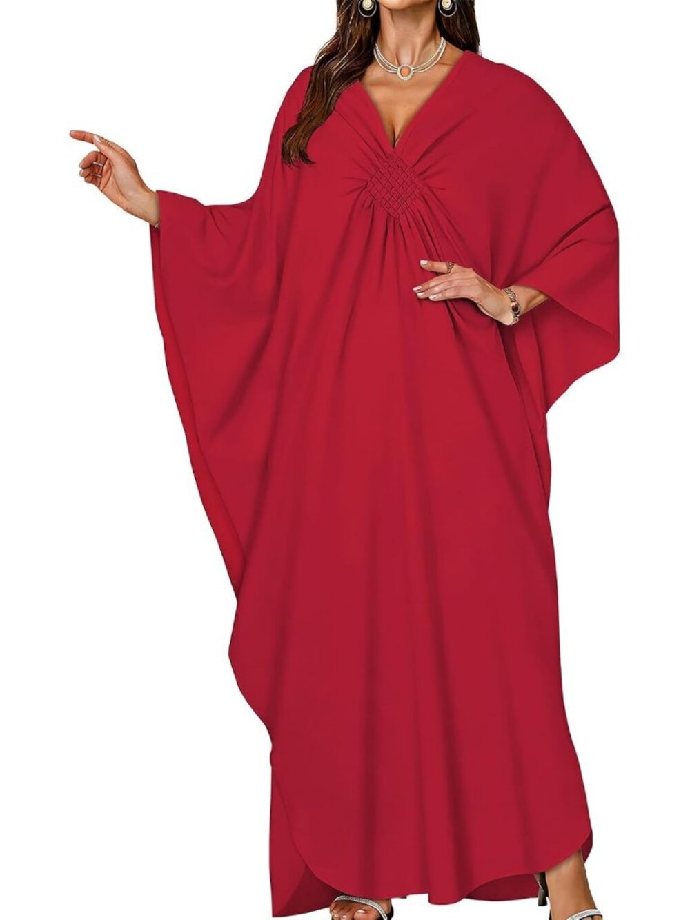 Women Red Polyester Plus Size V Neck Printed Batwing Sleeves Kaftan Coverup